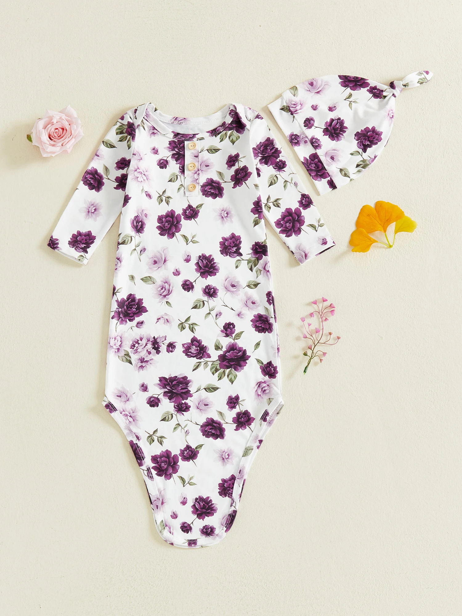 طقم ثوب وقبعة معقودة بطبعة زهور للفتيات الصغيرات الرضع بأكمام طويلة ورقبة دائرية وزر ملابس نوم لحديثي الولادة