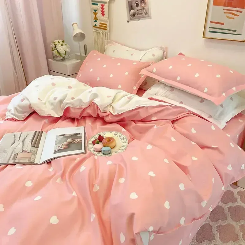 Pink Bedding Sets Duvet Cover Set Polka Dot Pattern Bed Linens Quilt cover Pillowcase Home Textile Cute Bed Sheets