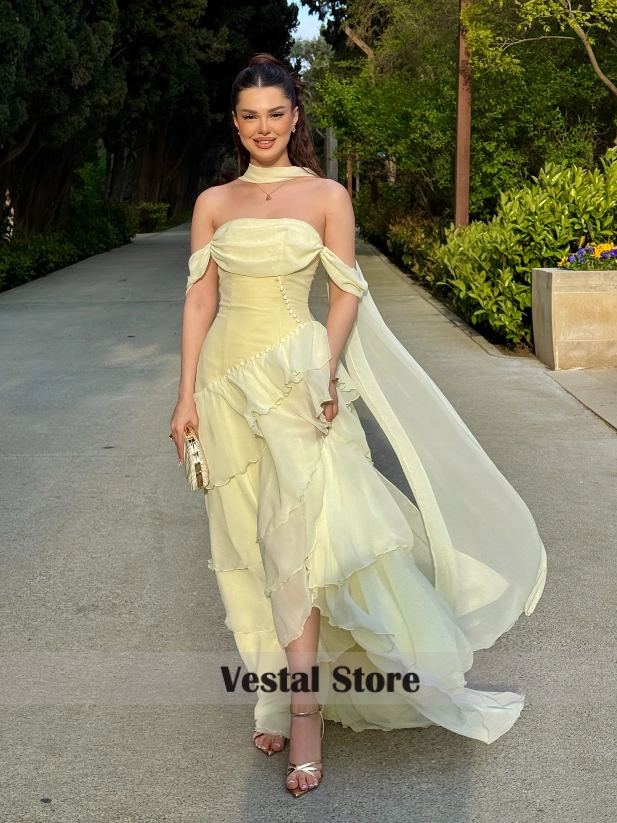 Vestal Chiffon Maxi Evening Dress Ruffled High Low Prom Dress Flowing Ribbon Wedding Guest Formal Party Gown Customized
