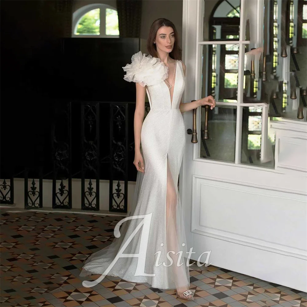 

Unique Mermaid Bride Dresses Deep V Neck Beach Wedding Dresses Customized with Slit and Train Wedding Dress Vestidos De Novia