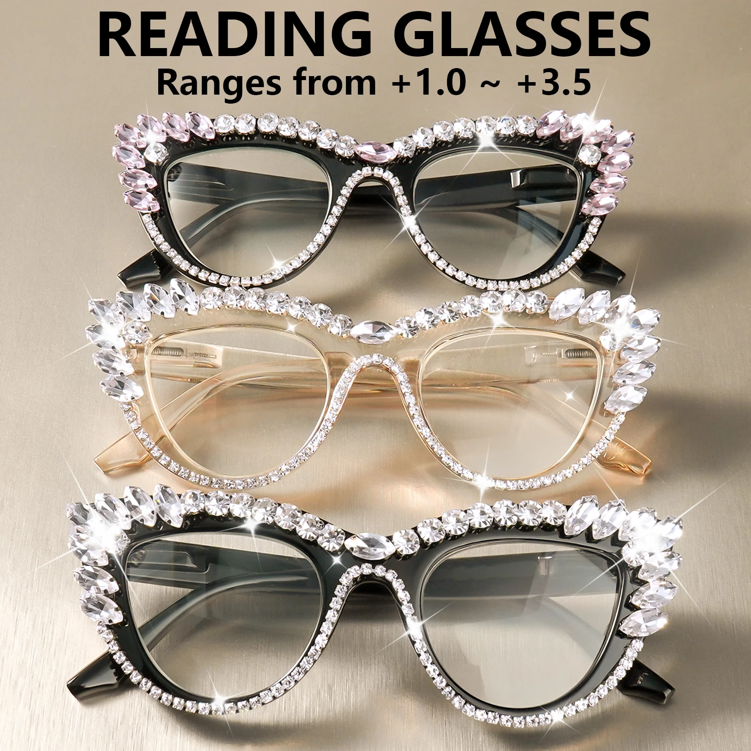 Rhinestone Cat Eye Reading Glasses Readers Oversized High Quality Sparkling Fashion Eyeglasses Spring Hinge Eyewear for Women