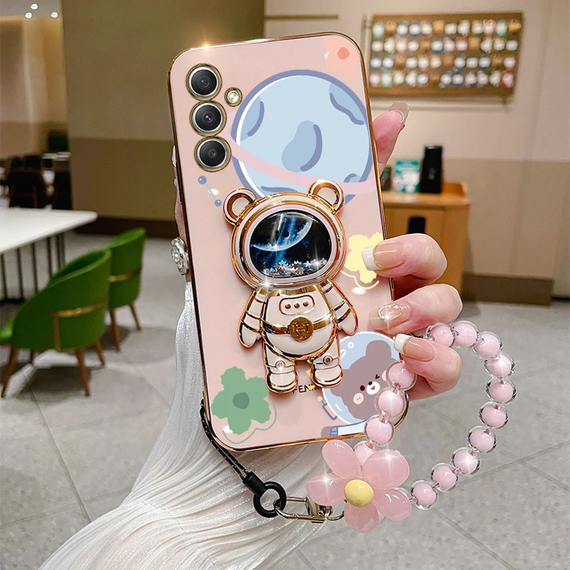 A 34 54 24 a14 Flower Wrist Strap Bear Phone Holder Case For Samsung Galaxy A14 A54 A04 A34 A05 A05S A24 M14 4G 5G Stand Cover