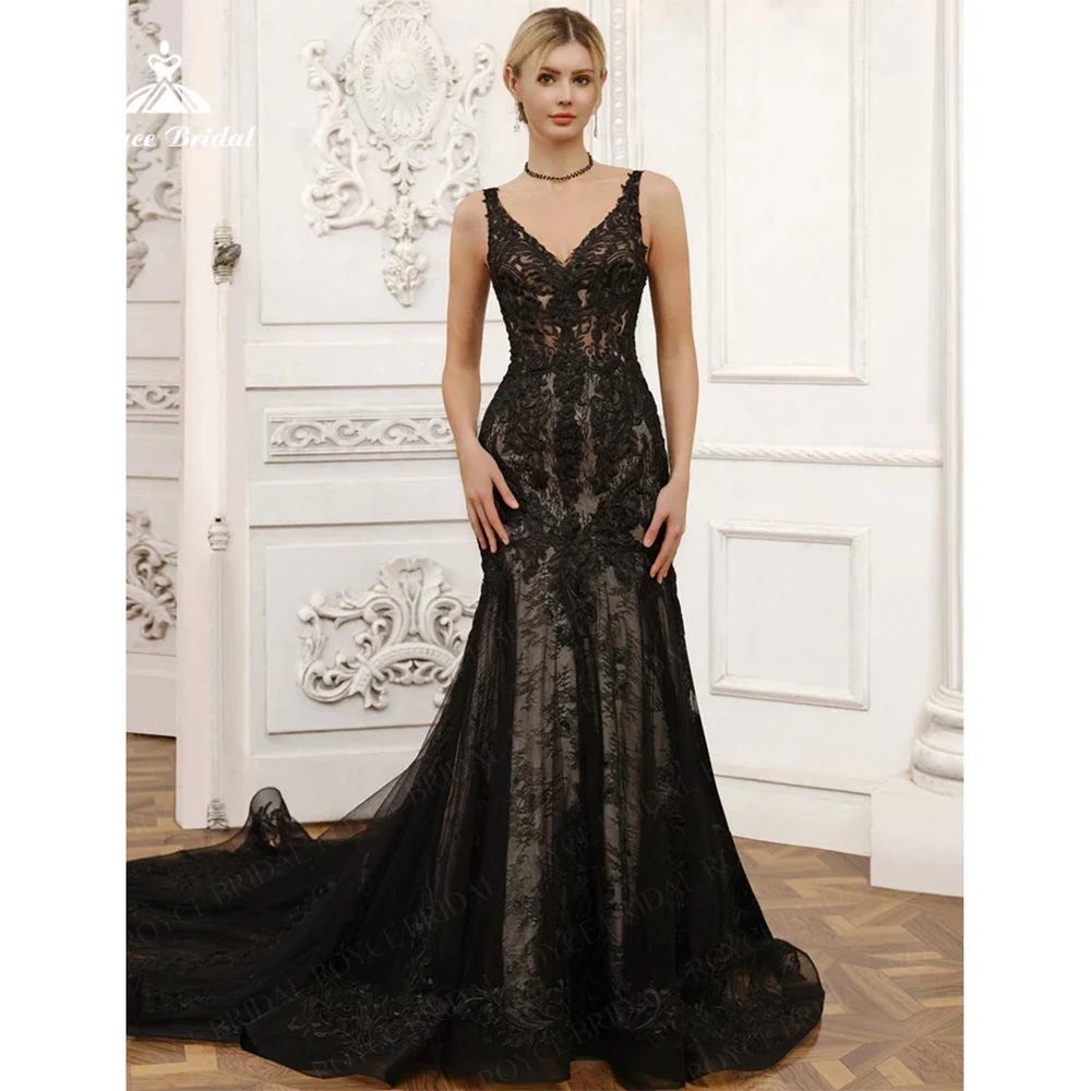 

Roycebridal Готическое черное кружевное свадебное платье русалки 2025 с V-образным вырезом на тонких бретельках сзади на шнуровке со шлейфом по индивидуальному заказу فستان