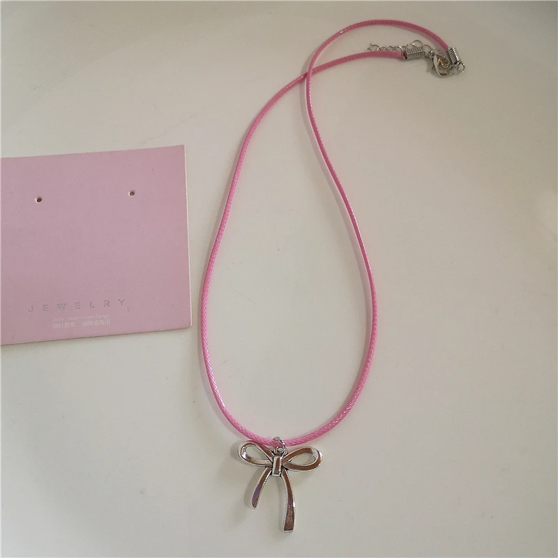 Gothic süße Y2K Edelstahl Schleife Herz rosa Kreuz Anhänger Perlen Perle Schlangenkette Halskette für Egirl 2000er EMO Zubehör – Detail 9