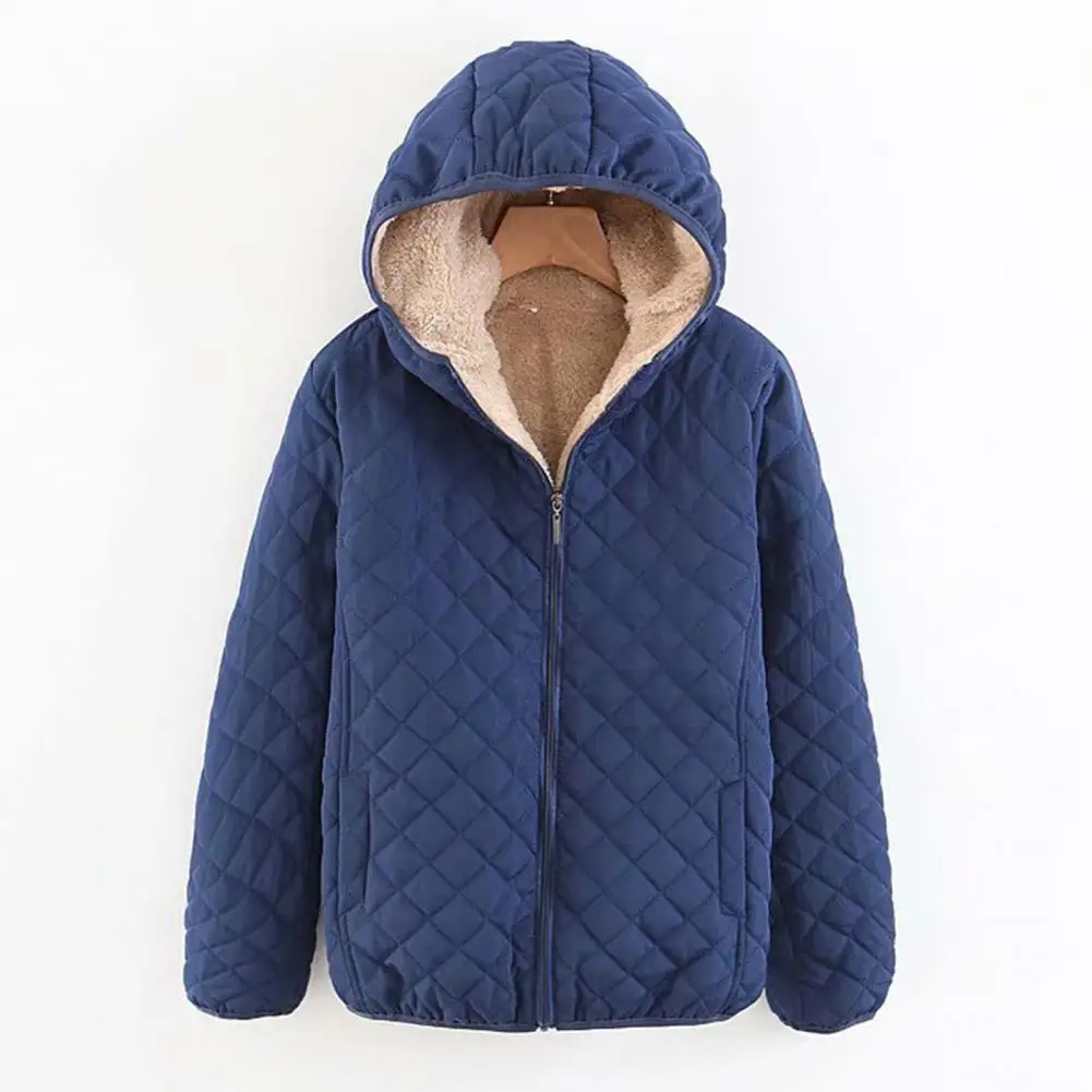 Winter Women Cotton Coat Solid Color Warm Quilted Long Sleeves Hooded Jacket Loose Fit Zipper Pocket Casual Female Outwear