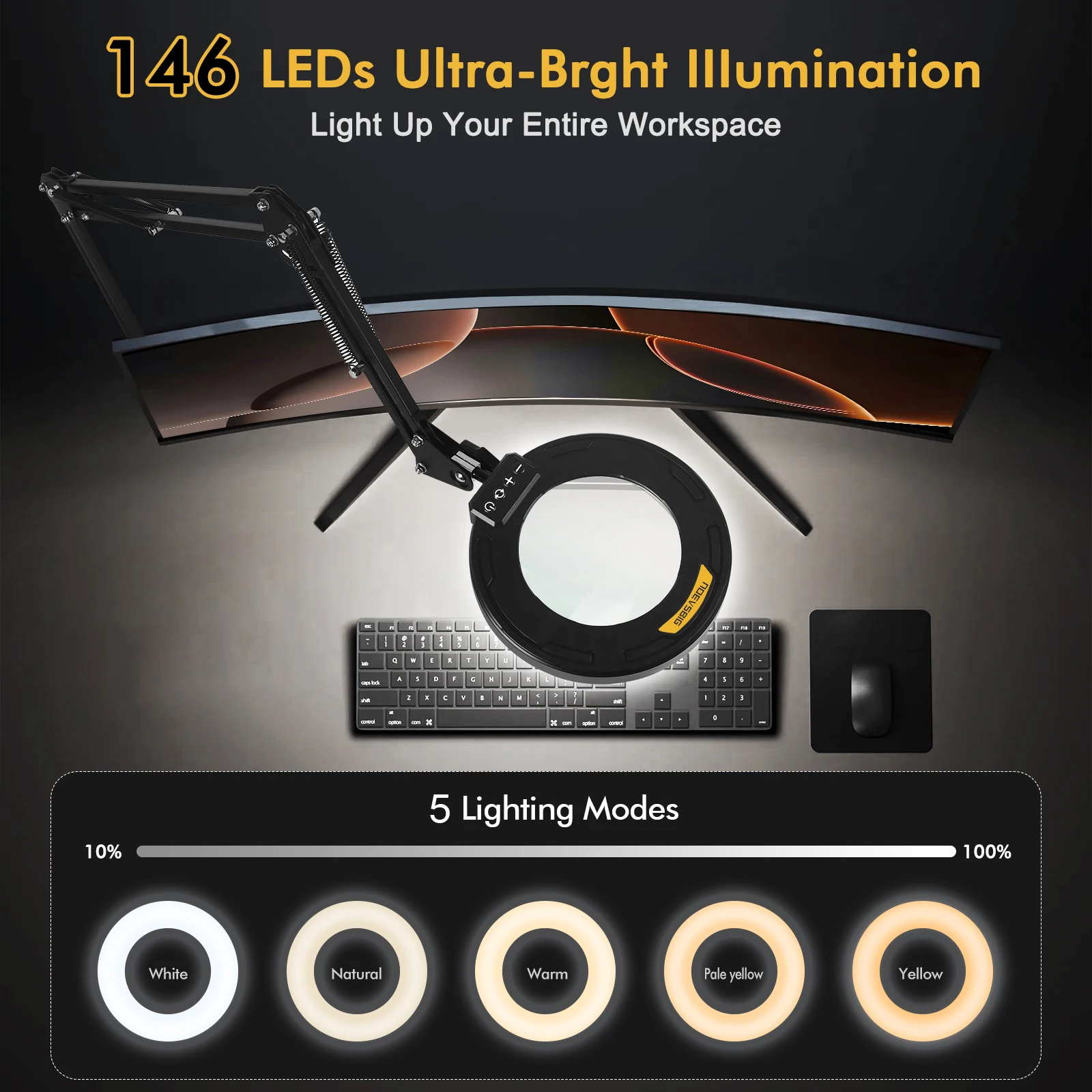 スイベルアーム付き拡大鏡ランプ、デスク拡大鏡、無段階および調光可能、本物のガラスレンズ、5色モード、146 LED、110mm、5x