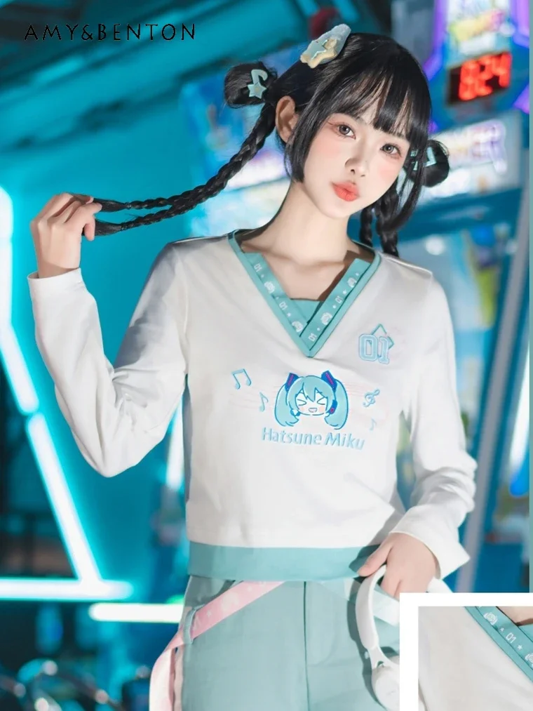 Japanese Print Double-Sided Hoodies Kawaii Long-Sleeved T-shirt Casual Pants Three-Piece Set Spring Preppy Style Sweet Outfits