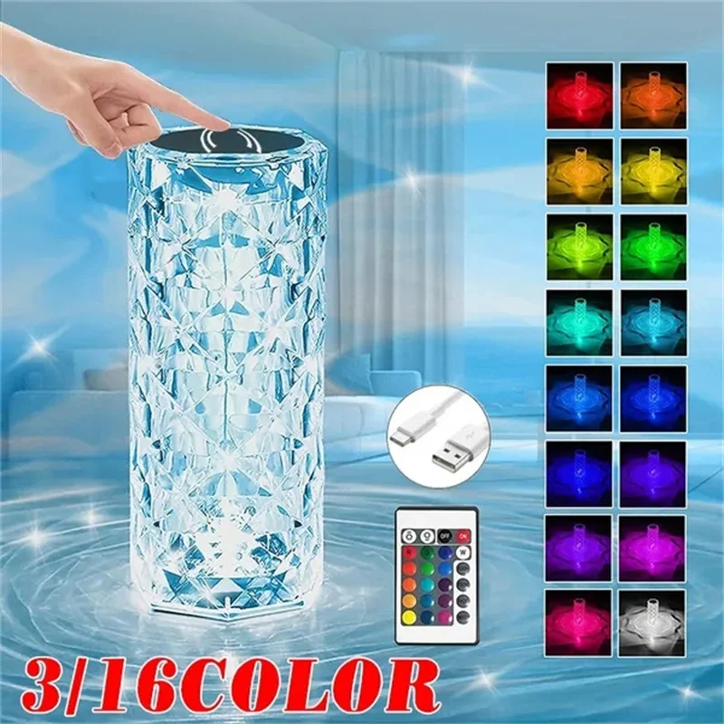 LED Crystal Table Lamp Rose Light Projector 3/16 Colors Touch Adjustable Romantic Diamond Atmosphere Light USB Touch Night Light