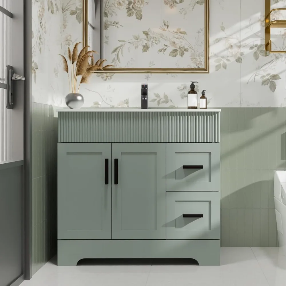 

36" Bathroom Vanities Sink Combo with Painted Surface, Modern Drawered Cabinet W/Decorative Wave Lines, Undermount Single Sink,
