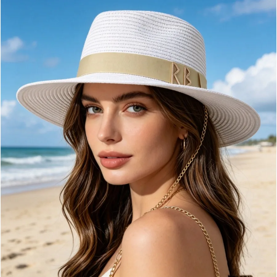 Hot Sale Cross Border Chain Straw Hat, High Quality Ribbon Letter Design Fedora, Outdoor Dent Crown Beach Sun Cap