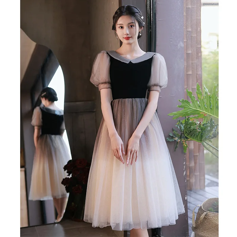 Black Gradient Birthday Dress Mulheres Sweetheart Neck Bubble Short Sleeve Tulle Prom Gown Elegante Modern A linha Evening Dresses