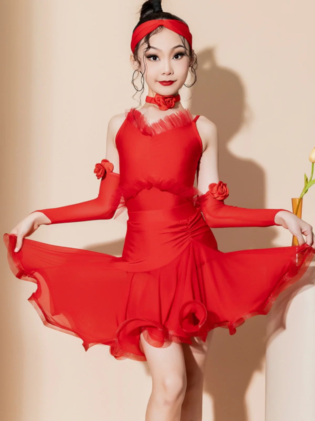 

Professional performance costumes, suspenders, children's backless, girls' lace red training and practice clothes