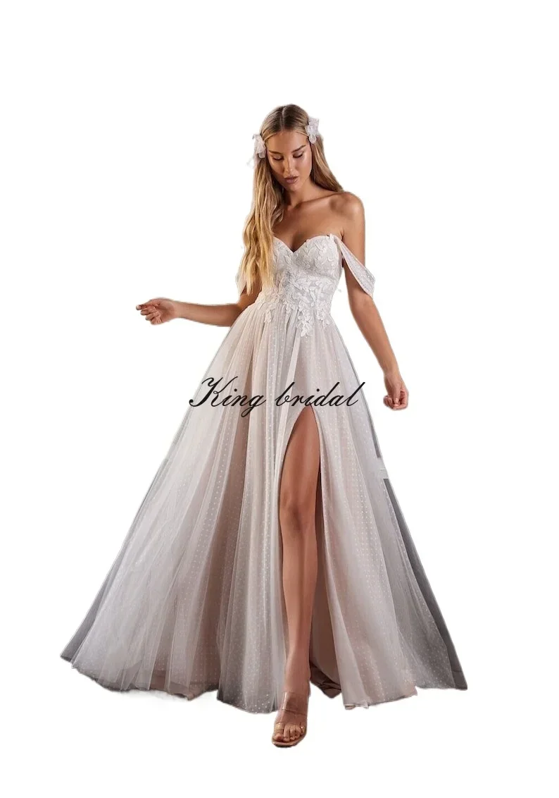 Vestido de noiva de tule, renda, amor, ombro de fora, espartilho, vestido de noiva com fenda, saia personalizada com fenda pontilhada