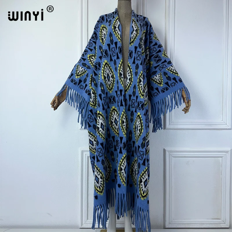 WINYI Winter Women Fringed cardigan print abaya dubai luxury Coat Loose OverCoat Thick Warm Female outerwears long down dress