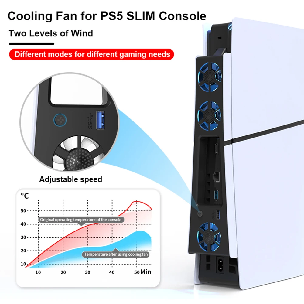 Quiet Cooler Fan for PS5 Slim Console with Adjustable Speed Efficient Cooling System with USB 3.0 Port for Playstation 5 Slim