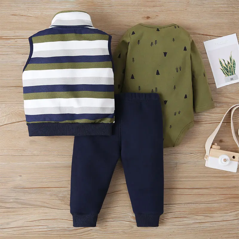 Ropa de primavera y otoño para niños pequeños, chaleco a rayas de moda informal coreana, body y pantalones, disfraz de bebé, ropa para recién