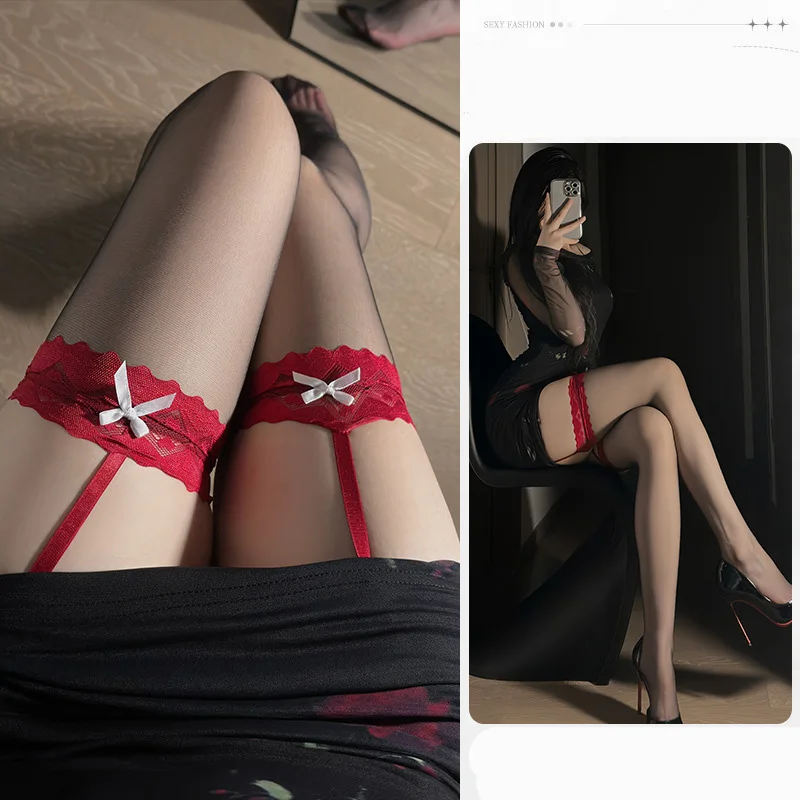 Pantimedias de encaje con anillos para pierna, puro deseo, lazo de amor, seda negra por encima de la rodilla, medias sexys, ropa interior sexy para mujer, medias para mujer 2025