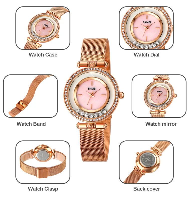 SKMEI ชุดนาฬิกาผู้หญิงเพชรที่มีสไตล์ประดับพลอยเทียมหรูหราหน้าปัดมุกเรียบง่ายละเอียดอ่อนแผ่นควอตซ์1785