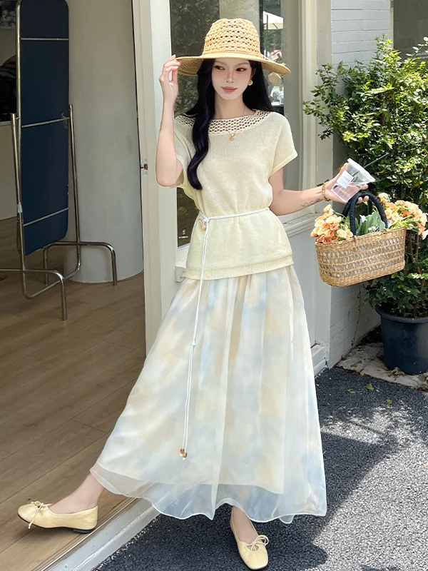 

Shoulder Bared Knitted Skirt Set Women's Summer Waist Cinching Slimming Holiday Style Gradient Mesh Half Skirt Two Piece Set