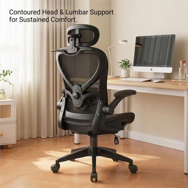 Ergonomic Mesh Office Chair Black Adjustable Headrest 4D Lumbar Comfort Desk Chair 90° Flip-up Arms