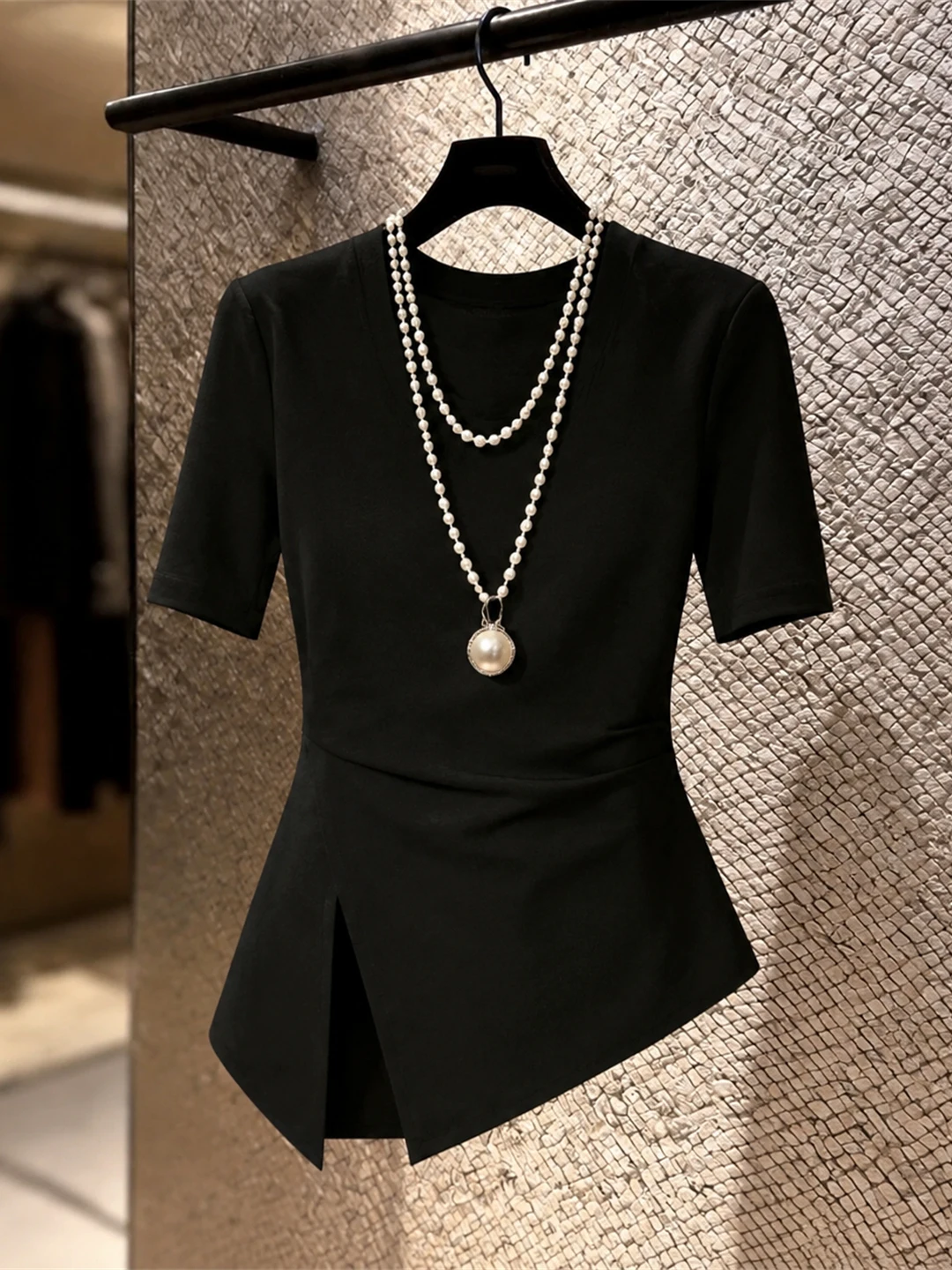 

Elegant Short Sleeve round Neck T-Shirt Women's Slim Fit Waist Cinching Split Design Summer Fashion Casual Comfortable Top