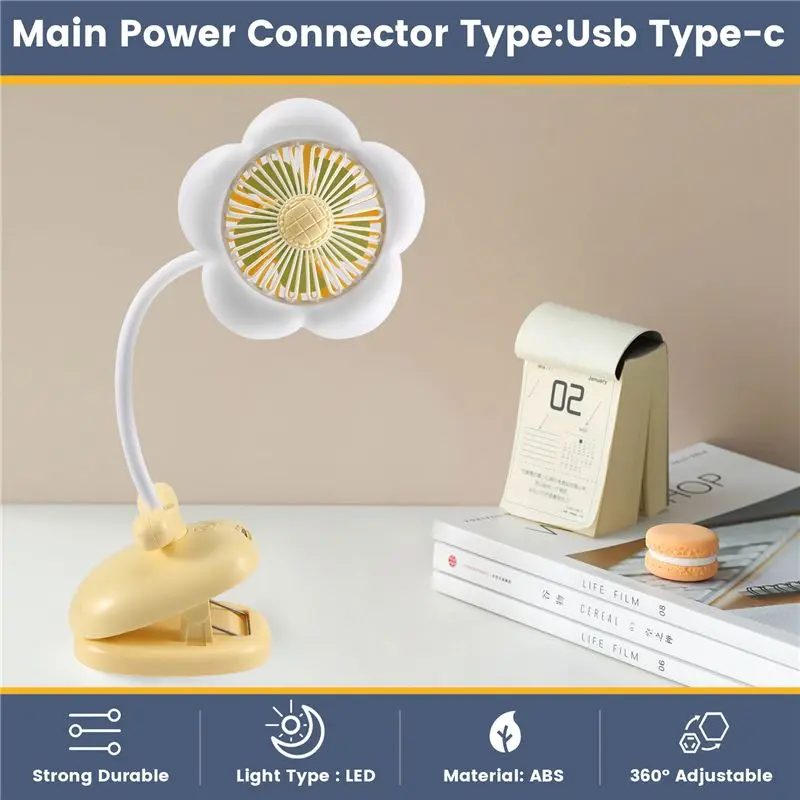 ASWUT-USB Rechargeable Clip On Fan Cute Design Flower Clip On Fan 360° Rotate Cooling Fan With LED Lights For Stroller Camping