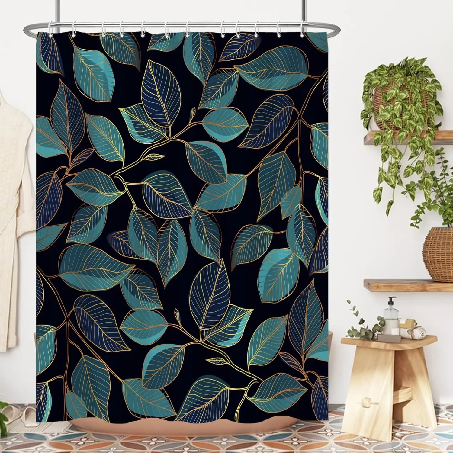 Tea Leaves Shower Curtain, Plant Black Bathroom Shower Curtain suit, Modern Fabric Shower Curtain with Hooks,180X180CM