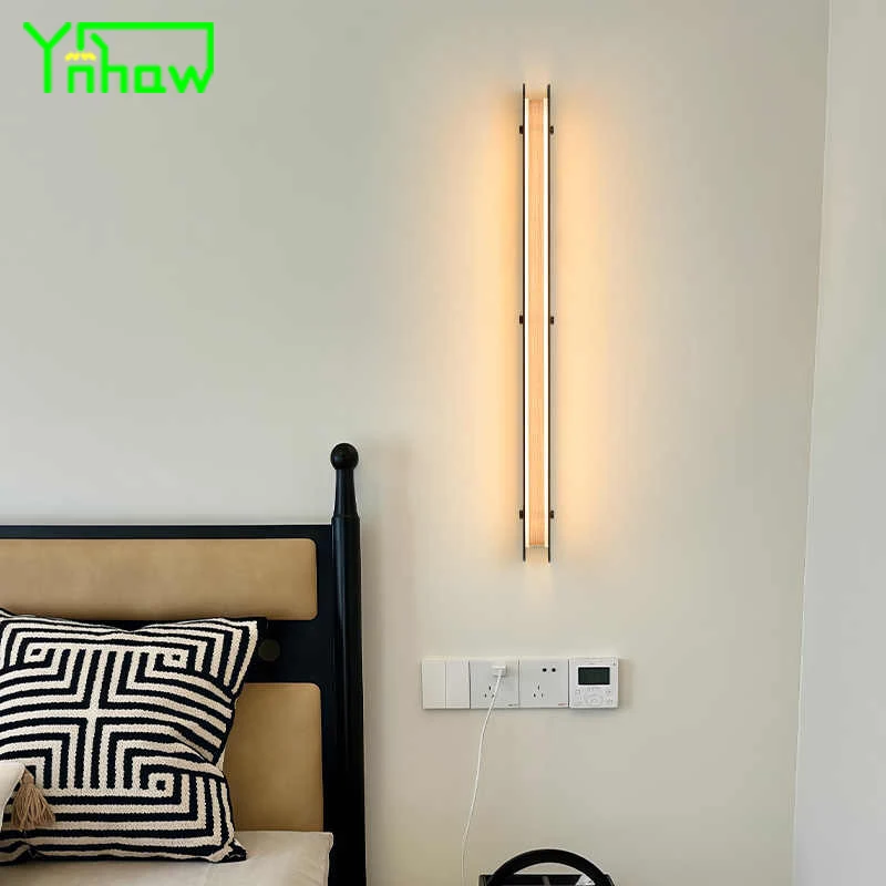 

Creative Art Designer Long Wall Lamp Wood Grain for Bedroom Headboard Living Room Sofa Background Wall Decorative Light