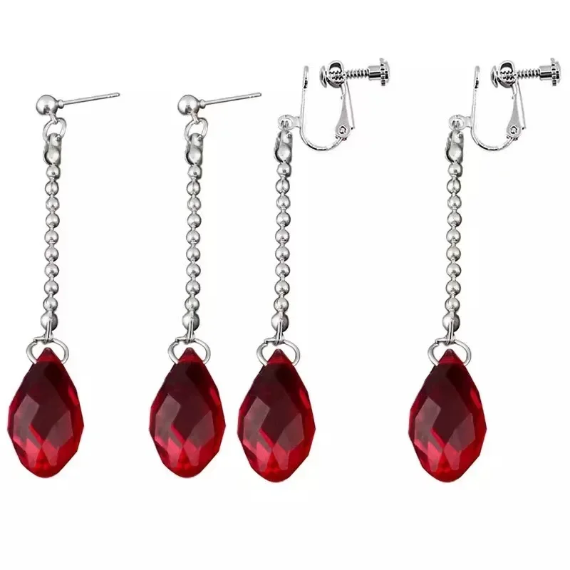 Red Water Drop Chains Stud Kurapika Kurta Cosplay Earrings Anime Hunter x Hunter Clip Earrings for Women Men Jewelry Gift