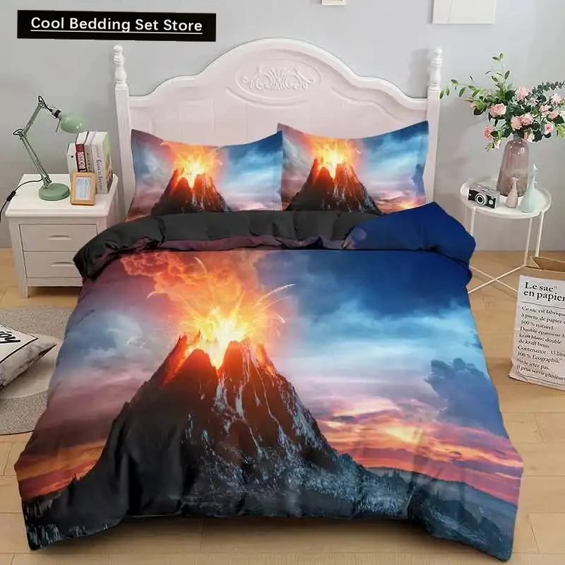 

Volcano King Queen Duvet Cover Eruption Hot Lava Bedding Set for Kids Teens Adults Natural Disaster Molten Polyester Quilt Cover