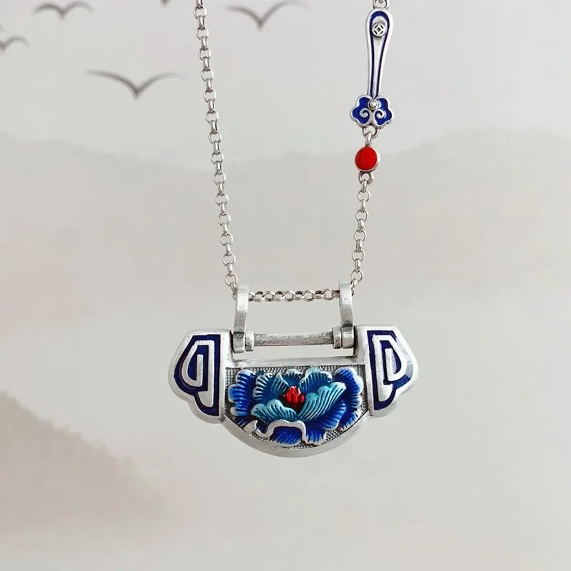 925 Silver Cloisonne Lotus Flower Ruyi Lock Pendant Exquisite Ethnic Style Flower Necklace for Women Wedding Jewelry Gifts