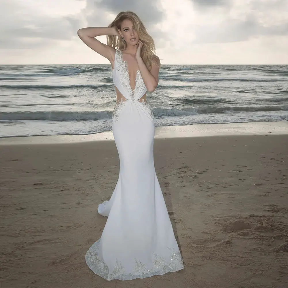 Abiti da sposa Sexy a sirena bianca con scollo a V profondo Appliques in pizzo abiti da sposa in raso donna Summer Beach Robes De Mariée Custom Made