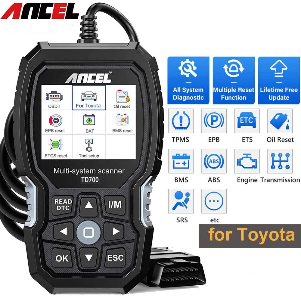 12-Language TD700 OBD2 Code Reader Full System Car Diagnostic Tool with 11+ Resets Transmission TPMS ABS Engine Scan for Toyota