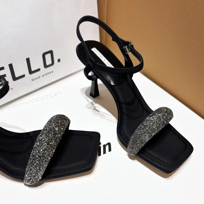 Sexy Square Toe Thin Heeled Sandals Women Summer 2024 Fashion Rhinestone Letter Design Pumps Women Cross Strap Black High Heels