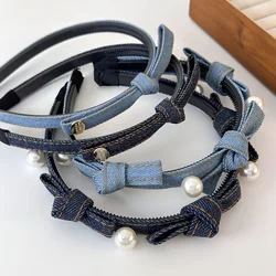 Retro Denim Blue Color Bow Pearl Headband Girls Sweet Hair Bands For Woman Temperament Hair Hoop Female Fashion Hair Accessories