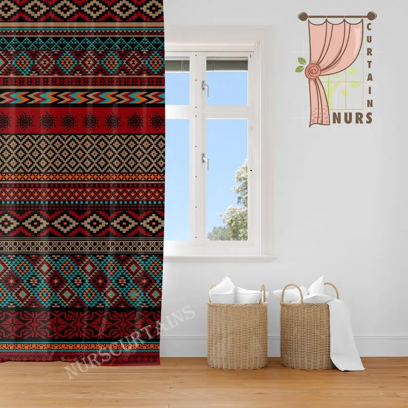 Kilim Motif Curtain: Tribal Art, Bohemian Window Covering