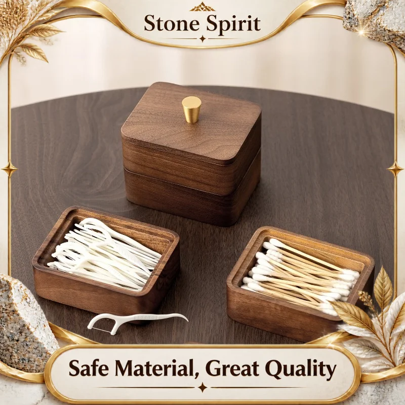 Luxury Natural Walnut Toothpick Holder, Double Layer Cotton Swab Organizer with Vintage, 2-in-1 Bathroom Countertop Storage Box