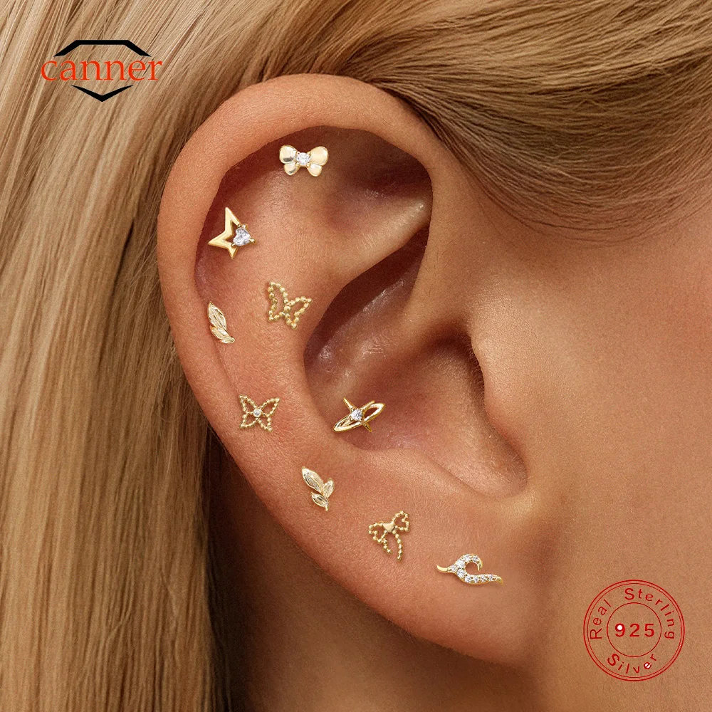 

CANNER 1PC 925 Sterling Silver Four Pointed Star Flat Head Piercing Stud Earrings For Women Smooth Round Bead butterfly Earrings