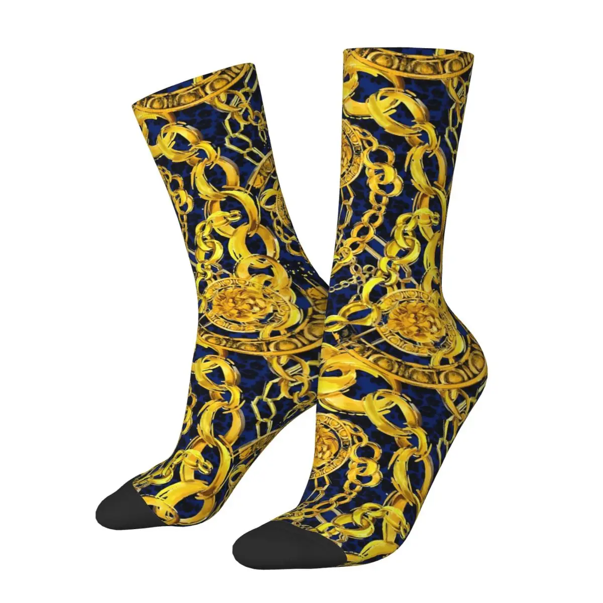 Chaussettes de basket-ball damask dorées décontractées pour femmes et hommes, chaussettes d'équipage vintage, dentelle dorée, polyester baroque, respirant