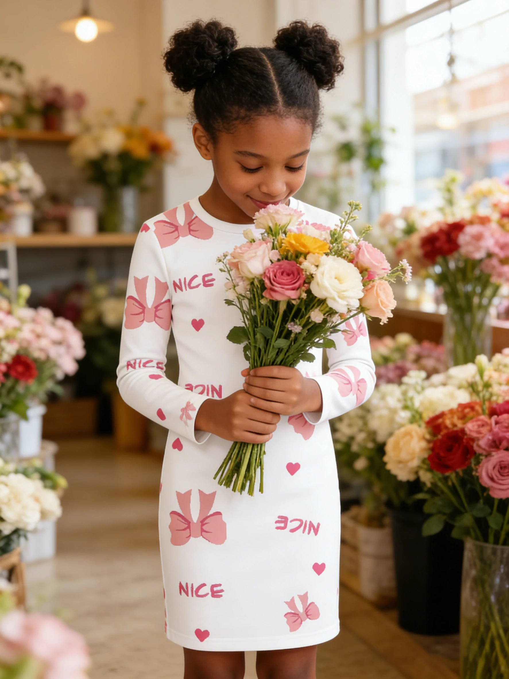 

2026 girls white bottom pink bow love NICE letter print long sleeve slim dress