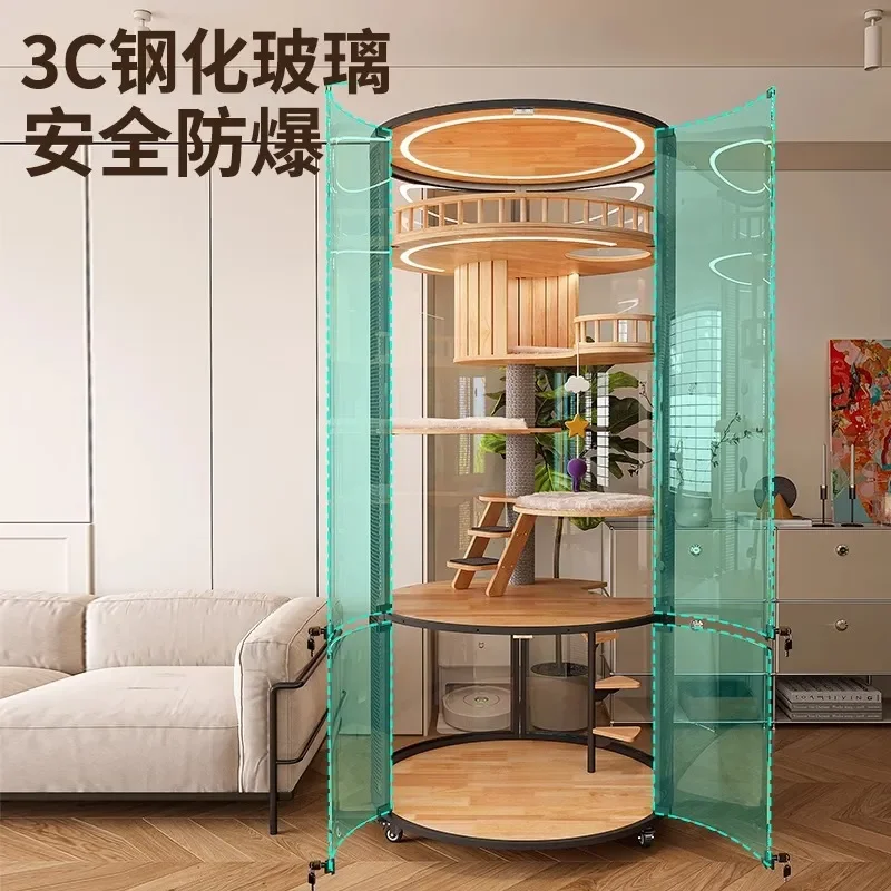Meow Zan Luxury Large Glass Cat House Round Floating Design Solid Wood Indoor Cat Cage Four Seasons Pet Cabinet for Home