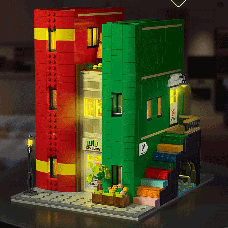 Blocs de construction de bibliothèque de villes créatives, modèle MOC, ornement de bureau modulaire, vue sur la rue, jouet d'architecture, cadeaux pour adultes
