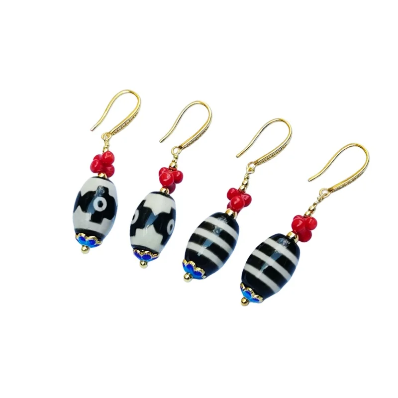 3-line Tancheng 3-eye Totem Agate Dzi Beads S925 Earhook String Tibetan Style Women's Earrings Free Shipping