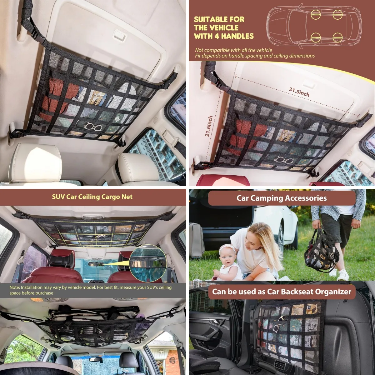 

Upgrade Car Ceiling Cargo Net Pocket,31.5'x21.6' Double-Layer Roof Storage Organizer,Overhead Net for SUV & Van Camping,Travel R