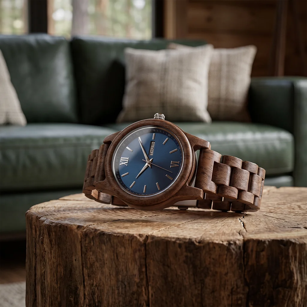 Men's Wooden Quartz Wristwatch with Date and Week Display description 2