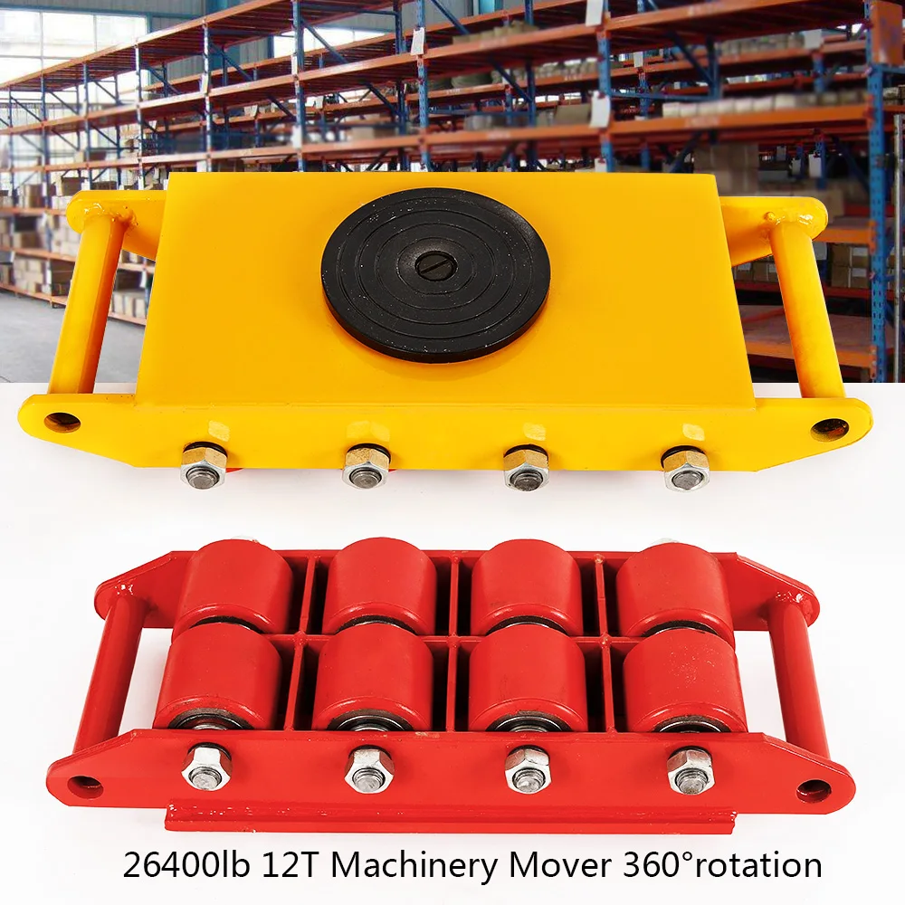 

12-Ton Heavy Duty Machinery Mover 360° Rotation Cap Cargo Trolley Machine Transport Cart Lift 8 Rollers Dolly Skate Yellow/Red