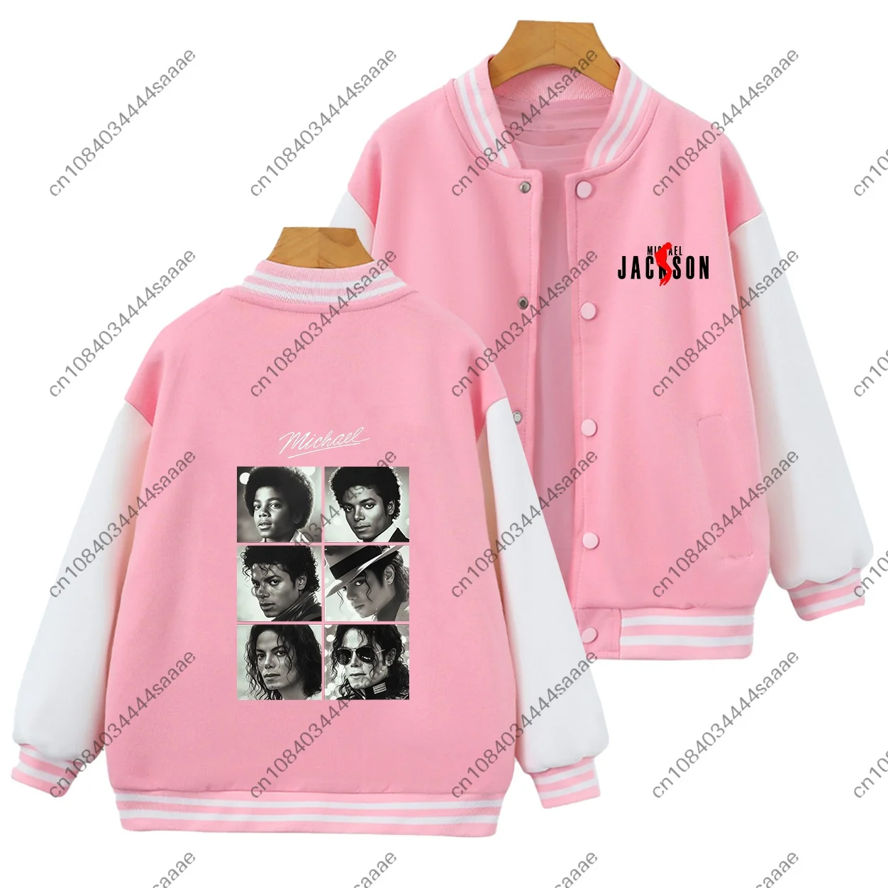 Kids Michael Jackson Print Baseball Jacket Pink White Contrast Sleeve Girls Boys Long Sleeve Coat Children Casual Outerwear - view 5