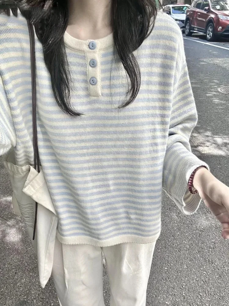 

Вязаный свитер женский, осень-зима 202, полосатый контрастный свободный пуловер с круглым вырезом и пуговицами, модный женский повседневный джемпер