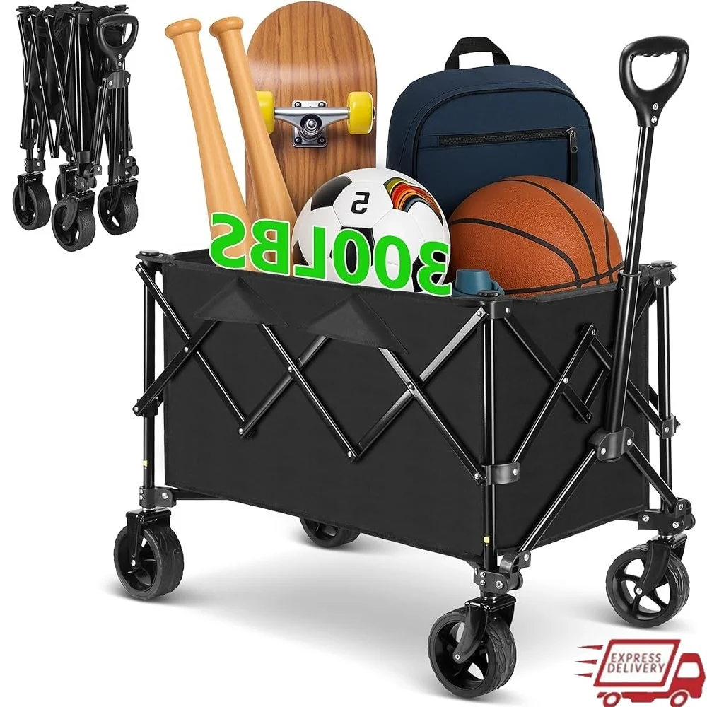 

Trolley Wagon Cart Heavy Duty Rolling Cart Adjustable Handle Portable Folding Wagon 140L Capacity Camping Shopping Gardening