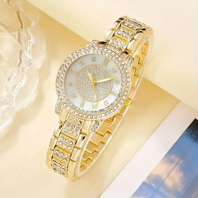 6pcs/set Women\'s Watch Luxury Rhinestone Quartz Watch Analog Stainless Steel Wrist Watch & Jewelry Set, Gift For Mom Her